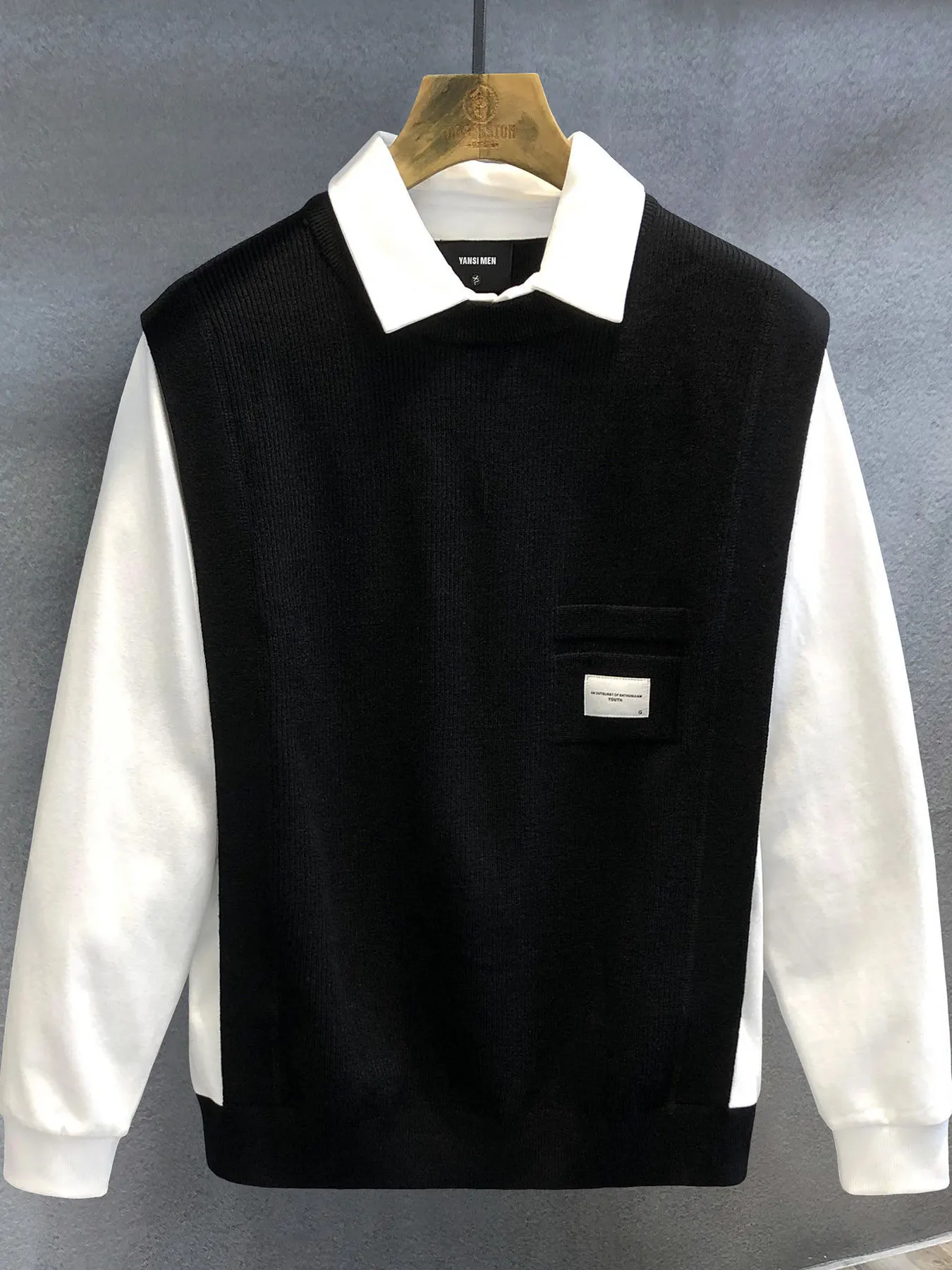 

Модный повседневный вязаный кардиган для мужчин, осенне-зимний свитер с воротником-стойкой, имитация двухслойного дизайна, удобный длинный топ