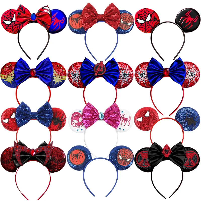 Disney Mickey Mouse Marvel Spider man uszy opaski na głowę dla dorosłych kobiet z cekinami kokardy akcesoria do włosów dla dzieci opaski na włosy