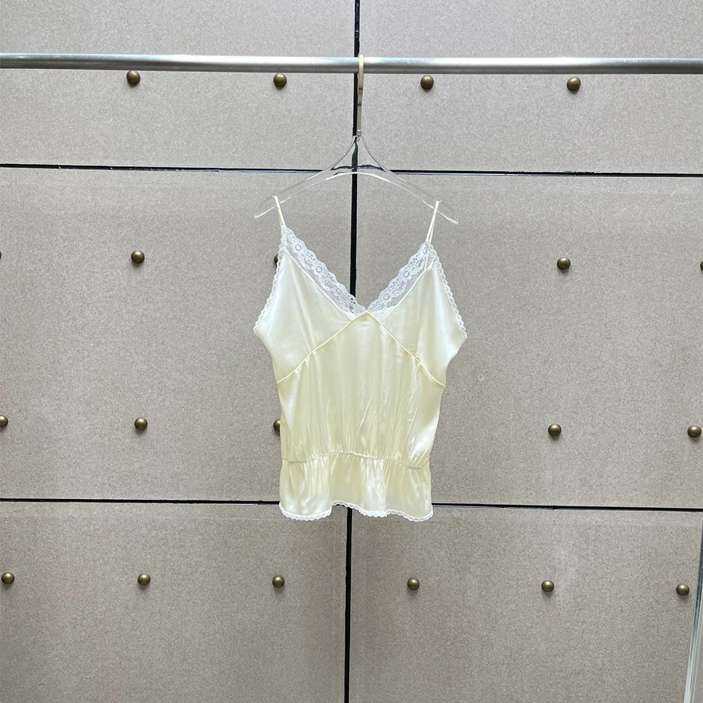 Elegant Silk Blend Camisole Top for Women Lace V-Neck Spaghetti Strap Sleeveless Peplum Cami Summer Casual Blouse  2026 New Y2k