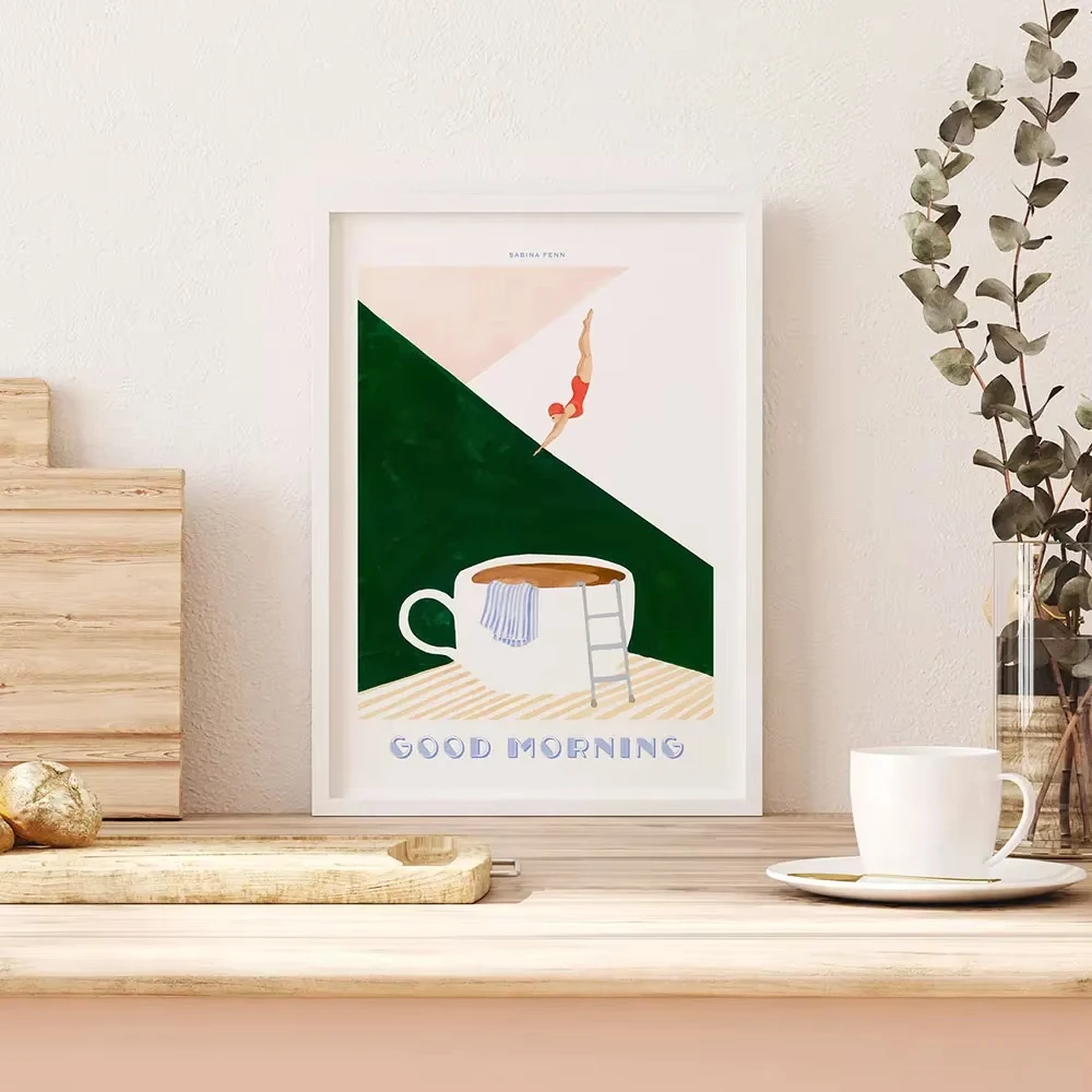 AA Modern Minimalist Wall  Good Morning Coffee Diver HD Sail Print Poster Home Living Room Bedroom Pantry Decoration