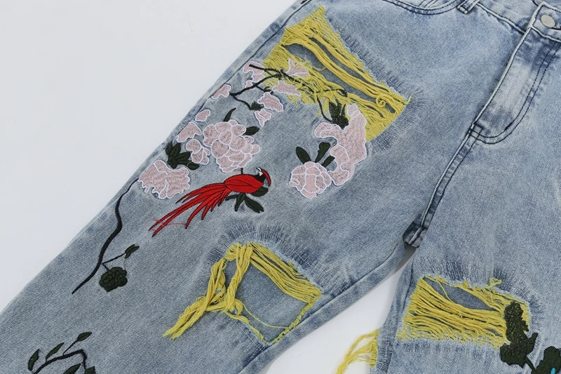 Chinesische Malerei-Stickerei auf Denim-Jeans für Herren, Streetwear mit Falten und Quasten, Distressed Destroyed Jeans, Gerade geschnittene Hose – Detail 9