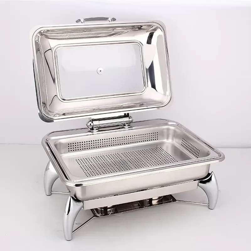 DELE 6L Stainless Steel Buffet Warmer Silver Square Alcohol Stove with Visible Hydraulic Lid Hotel Restaurant Food Insulator