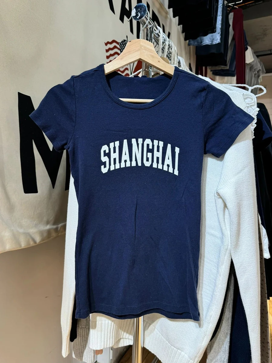 

Letter Print Slim T-Shirt Woman Summer O-neck Cotton Tshirt Top American Vintage Streetwear Navy Short Sleeve Tees Y2k Clothes