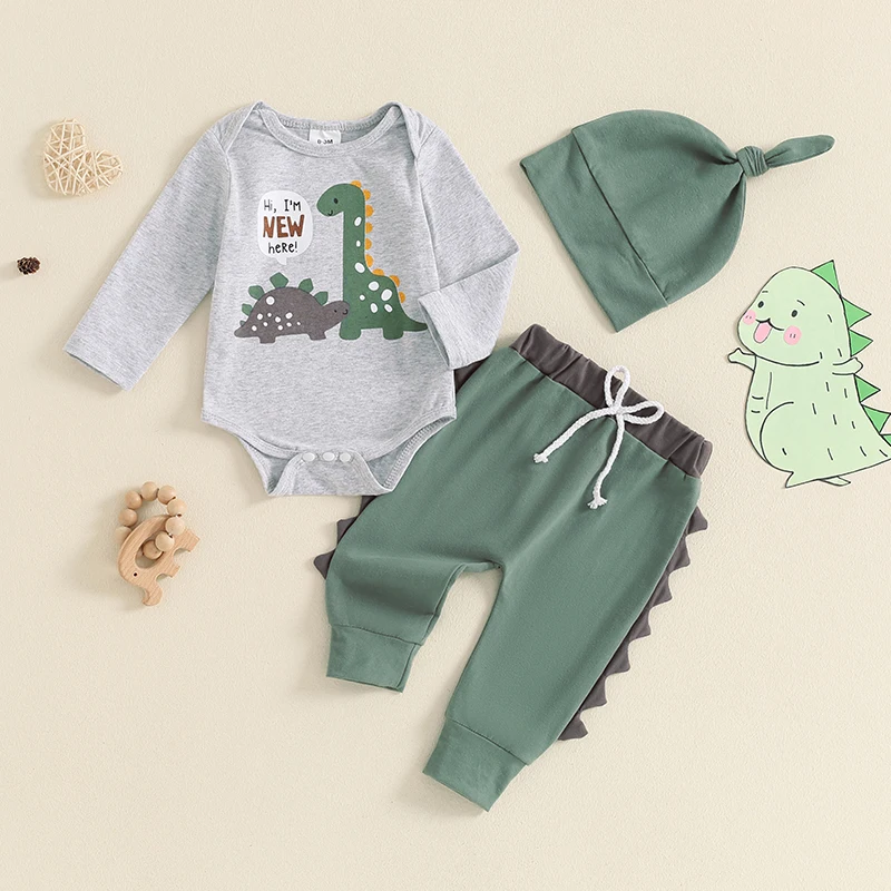 Newborn Baby Boy Coming Home Outfit Hi I\'m New Here Dinosaur Long Sleeve Romper Tops Pants with Hat 3Pcs Fall Kids Clothes Set