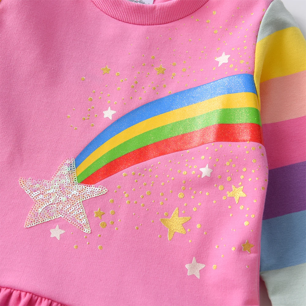 DXTON 겨울 어린이 드레스 레인보우 긴 소매 어린이 캐주얼 드레스 유아 스웨터 코튼 의류 스타 인쇄 소녀 드레스 3-12Y