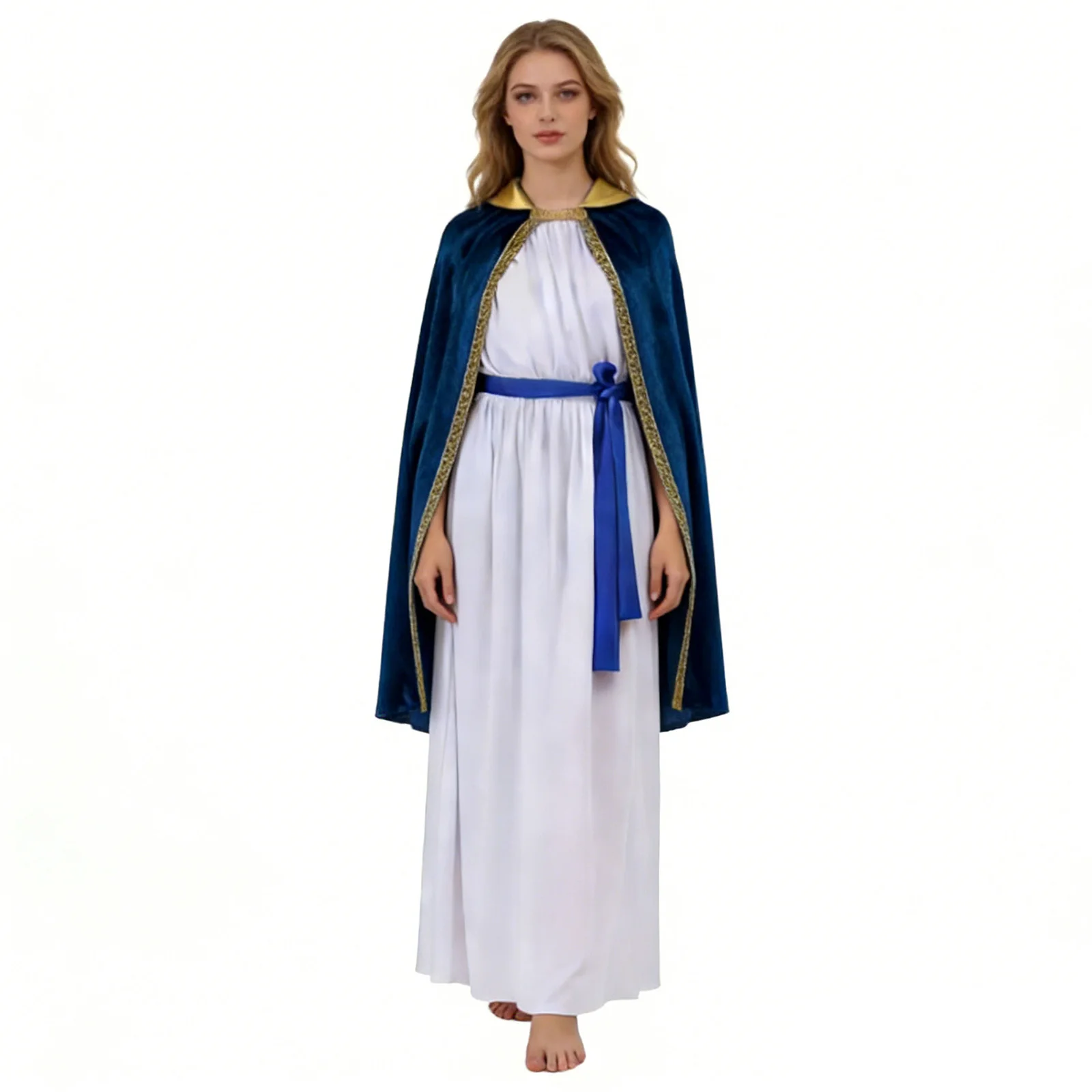 Disfraz de la Virgen María para Mujer Adulta, Vestido Tipo Túnica con Cinturón, Chaqueta con Adornos de Brocado, para Halloween, Eventos de Disfraces