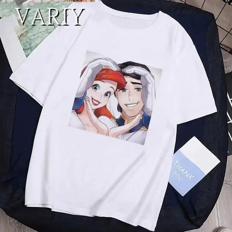 Frog Princess and Prince Lovers Print Tshirts Tiana Ariel Couple Series T-Shirt Women Summer Casual Short Sleeve Clothes Y2K Top