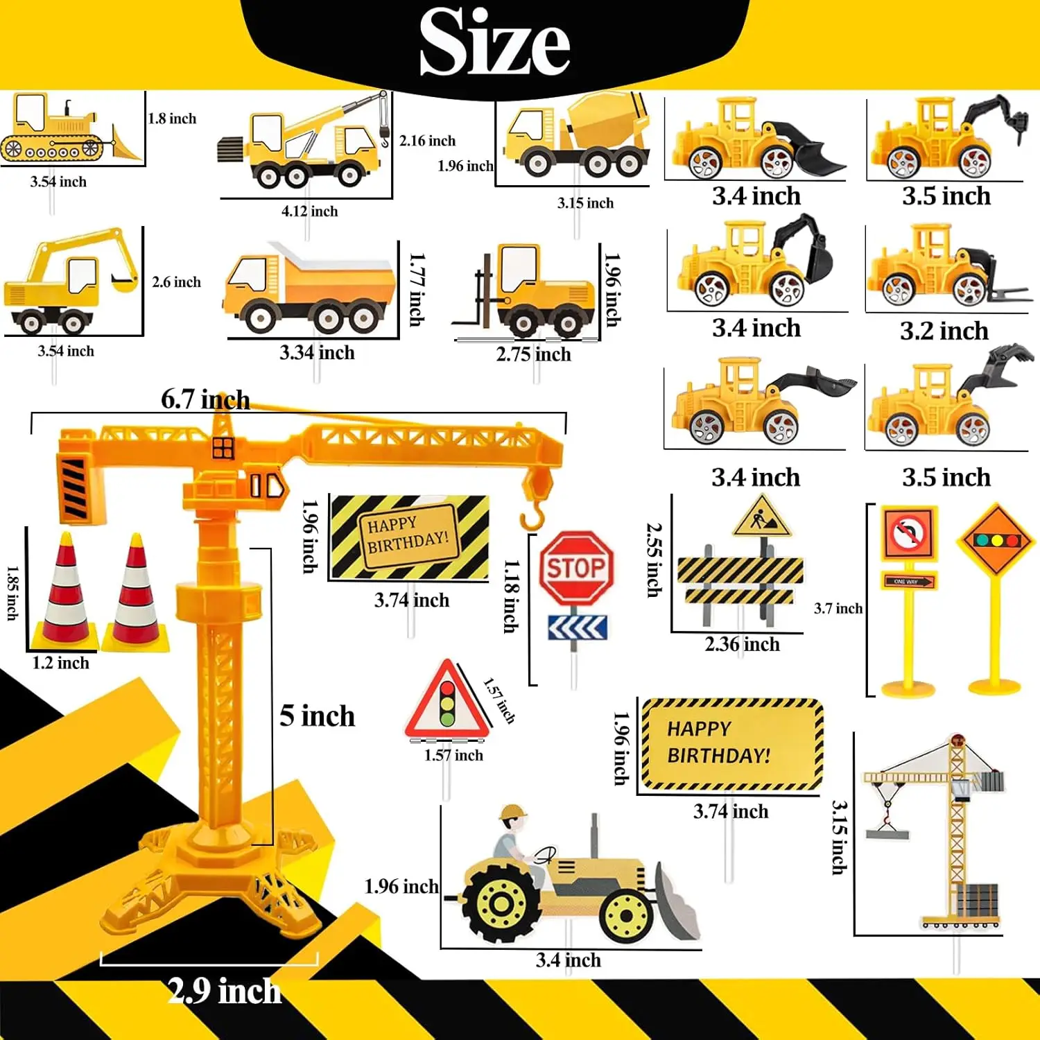 Bau-Kuchenaufsatz, LKW, Bagger, Turm, Kranich, Cupcake-Aufsatz, Verkehrs- und Straßenschild, Dekor, alles Gute zum Geburtstag, Partyzubehör – Detail 2