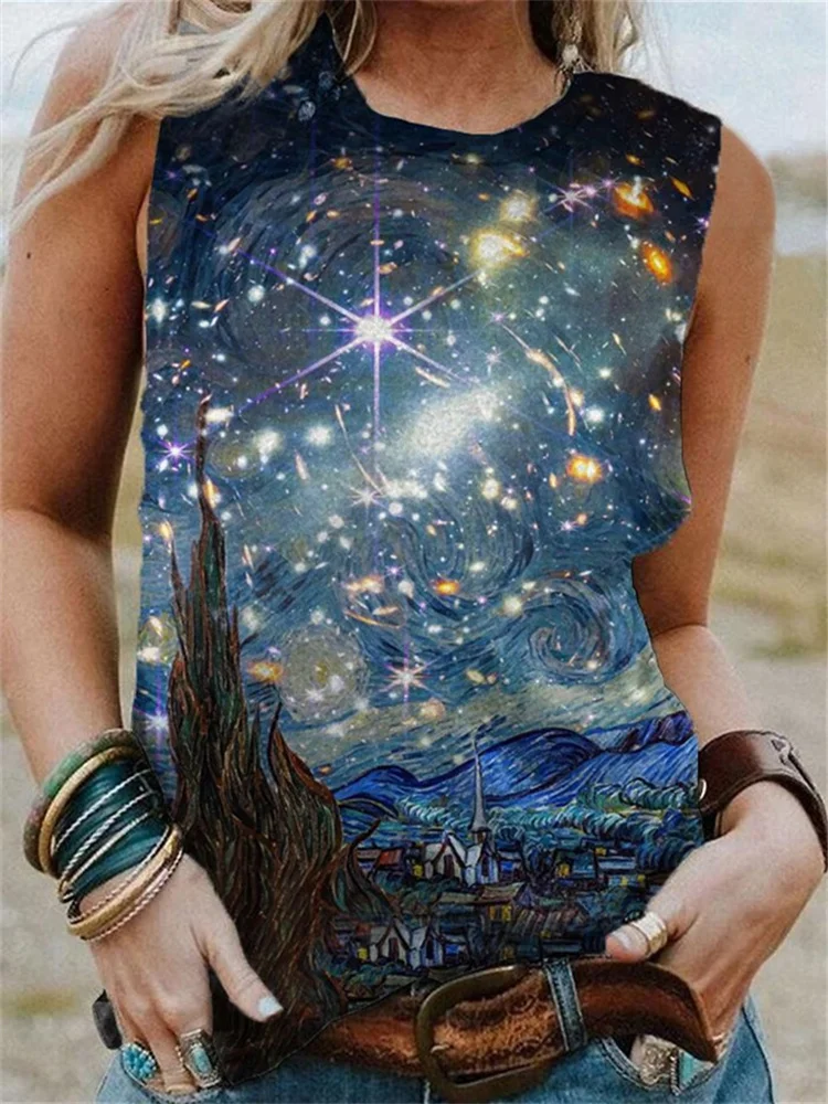 

Summer Women's T-shirt Women's Sleeveless Top T-shirt Fashion 3D Printing Star Sky Pattern T-shirt Women's Y2K Clothing