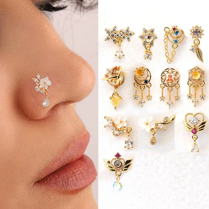 1Piece Fashion L Shaped Dangle Nose Studs Piercing 20G Stainless Steel Flower Moon Tassels Zircon Nostril Screw Piercing Jewelry