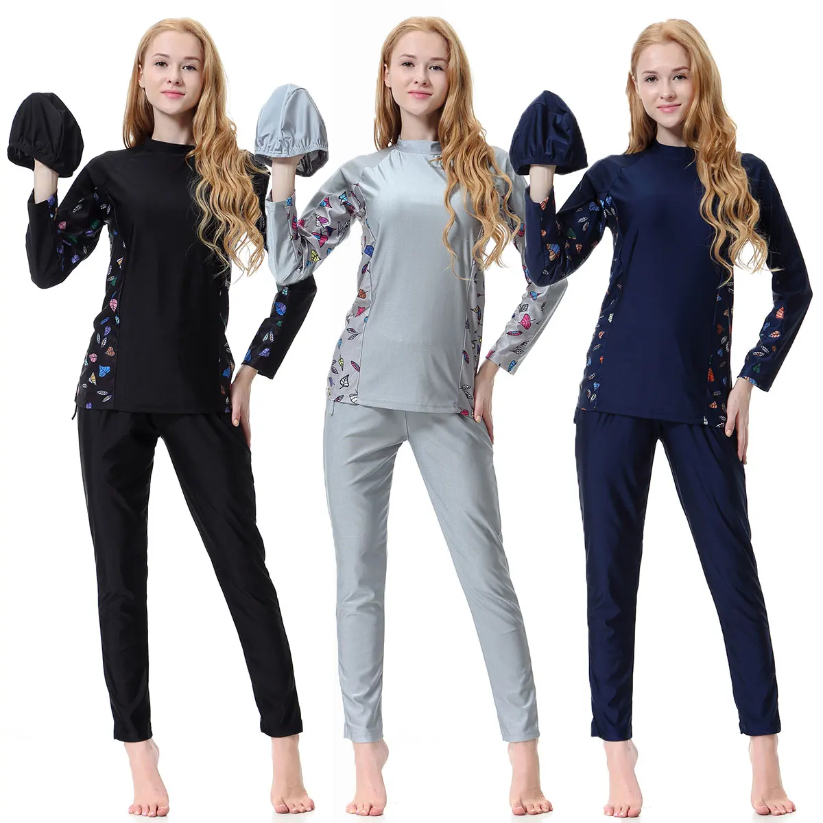S-3XL Modest Muslim Swimsuit Burkini Women Ladies Islamic Full Cover Swimwear With Hijab Quick Dry Side Printing Solid Color