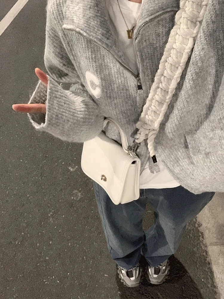 2024 Tender Grunge Letter Sweet Coats Y2k Aesthetic Double Zipper Pockets Solid Cardigans Vintage Gray Women All Match Sweaters