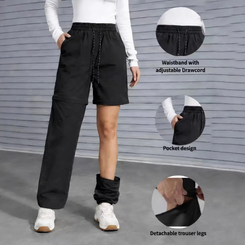 Women Elastic Waist Drawstring Pants Quick Dry Thigh Removable Zipper to Shorts Outdoor Hiking Climbing Trousers Cargo Pants