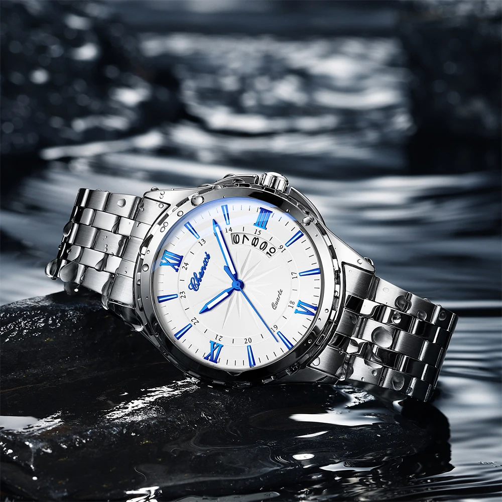CHENXI Silver Business Man Watch Luminous Round Dial Men's Wristwatch Calendar Display Stainless Steel Band Men Watches
