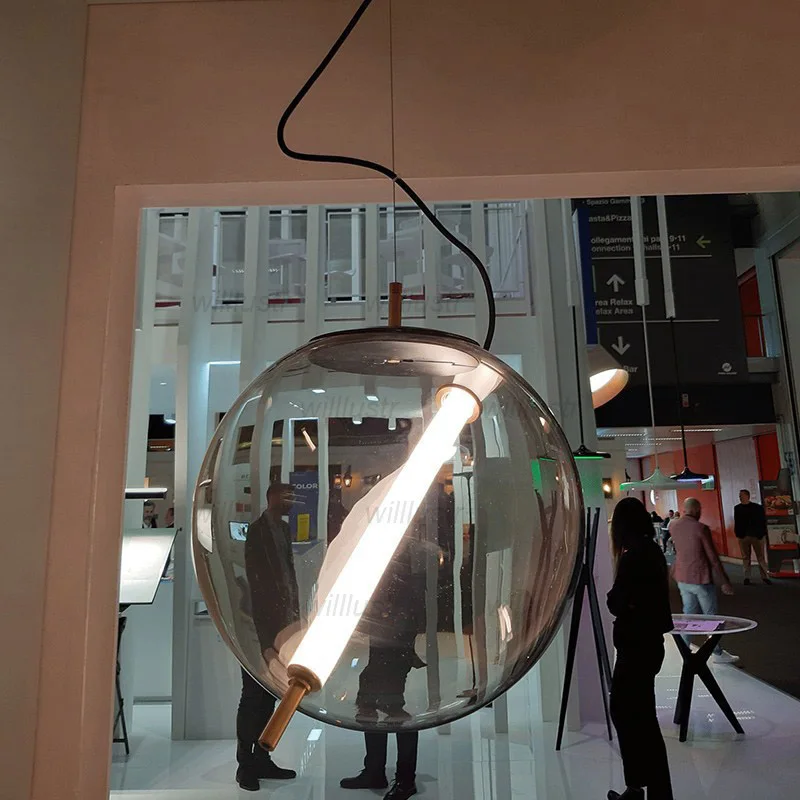 LED Tube Suspension Light Smoke Glass Ball Pendant Lamp Luxury Art Cafe Hotel Bar Creative Hanging Ceiling Chandelier