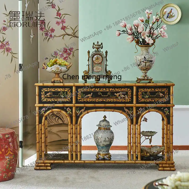 

High-end solid wood porch cabinet European-style decorative cabinet Villa entrance foyer black gold bamboo table