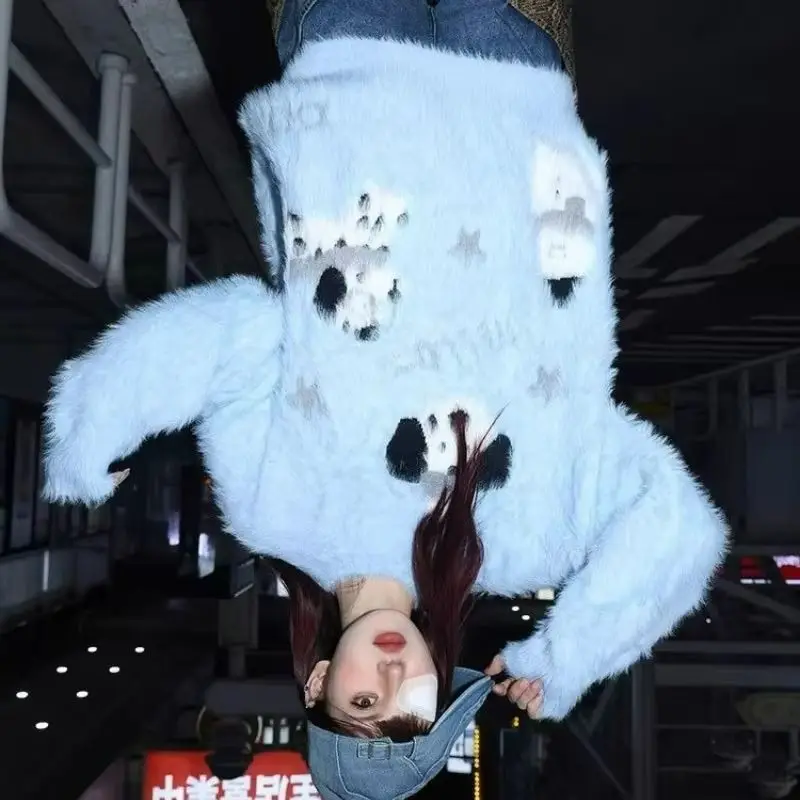 

Зимний модный свитер 2026: Свободный универсальный пуловер в непринужденном стиле, синий с жаккардовым узором в виде щенков, мягкий и пушистый, для женщин