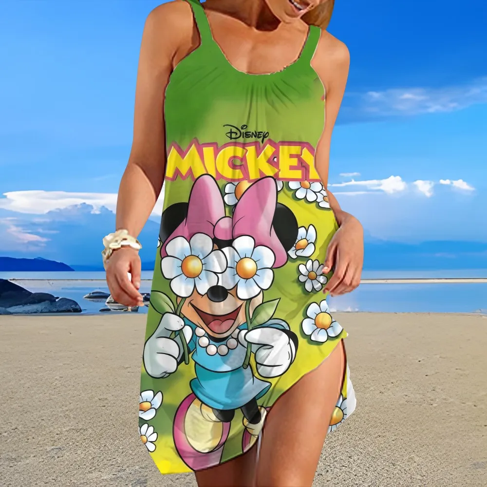 

Disney Minnie pattern printed knee-length beach skirt vacation style summer comfortable women's round neck loose suspender skirt