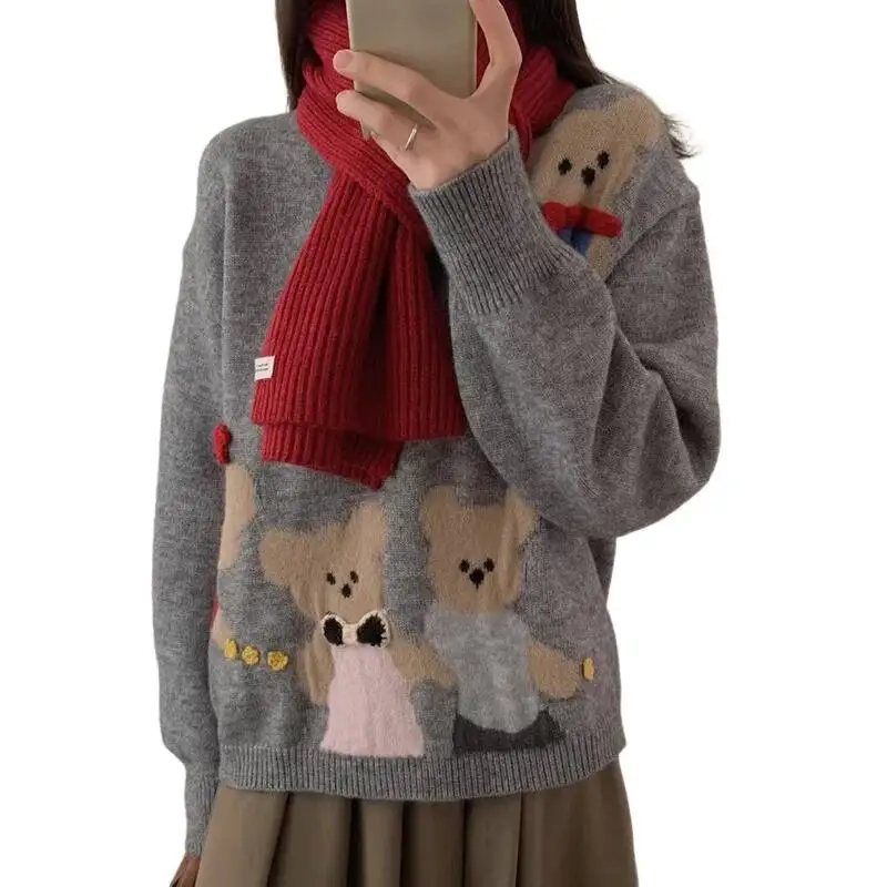 Cartoon Cute Jacquard Pullover Sweater Women  Autumn Winter New Loose Versatile Warm Knitwear Kawaii Fashion Women's Sweater