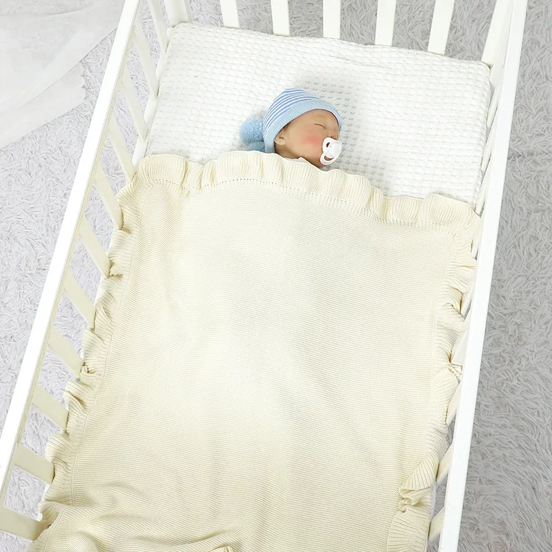 Cobertor De Bebê De Malha De Algodão, Colcha De Cama, Ruffles Carrinho Infantil Swaddle, Capas De Sono, Xadrez Sólido, Moda Menina e Menino Recém-nascidos, 90x70cm