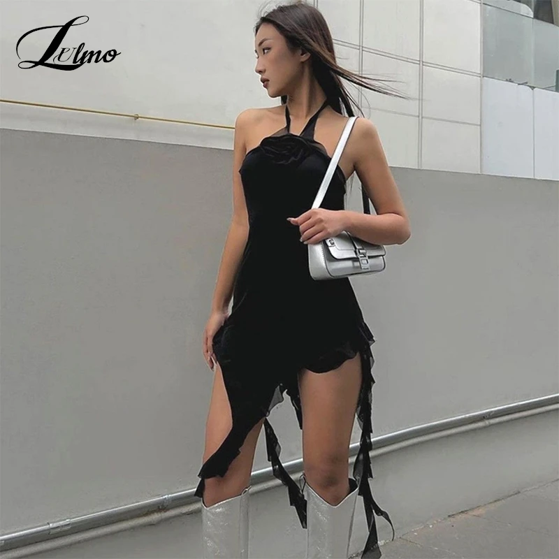 

Women Dress Irregular Strappy Halterneck Dress Ruffled Ribbon Hip-covering Skirt Sexy Slim Hot Girl Sling Short Skirt Dress