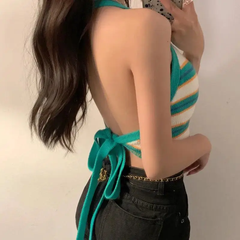 Women Striped Backless Halter Tops Women Knitted Crop Tank Tops Bandage Cute Tops Women 2024 Summer