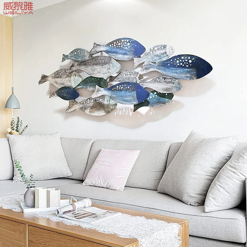 Mediterranean distressed handmade wall decoration, sofa feature wall, iron wrought fish wall decoration