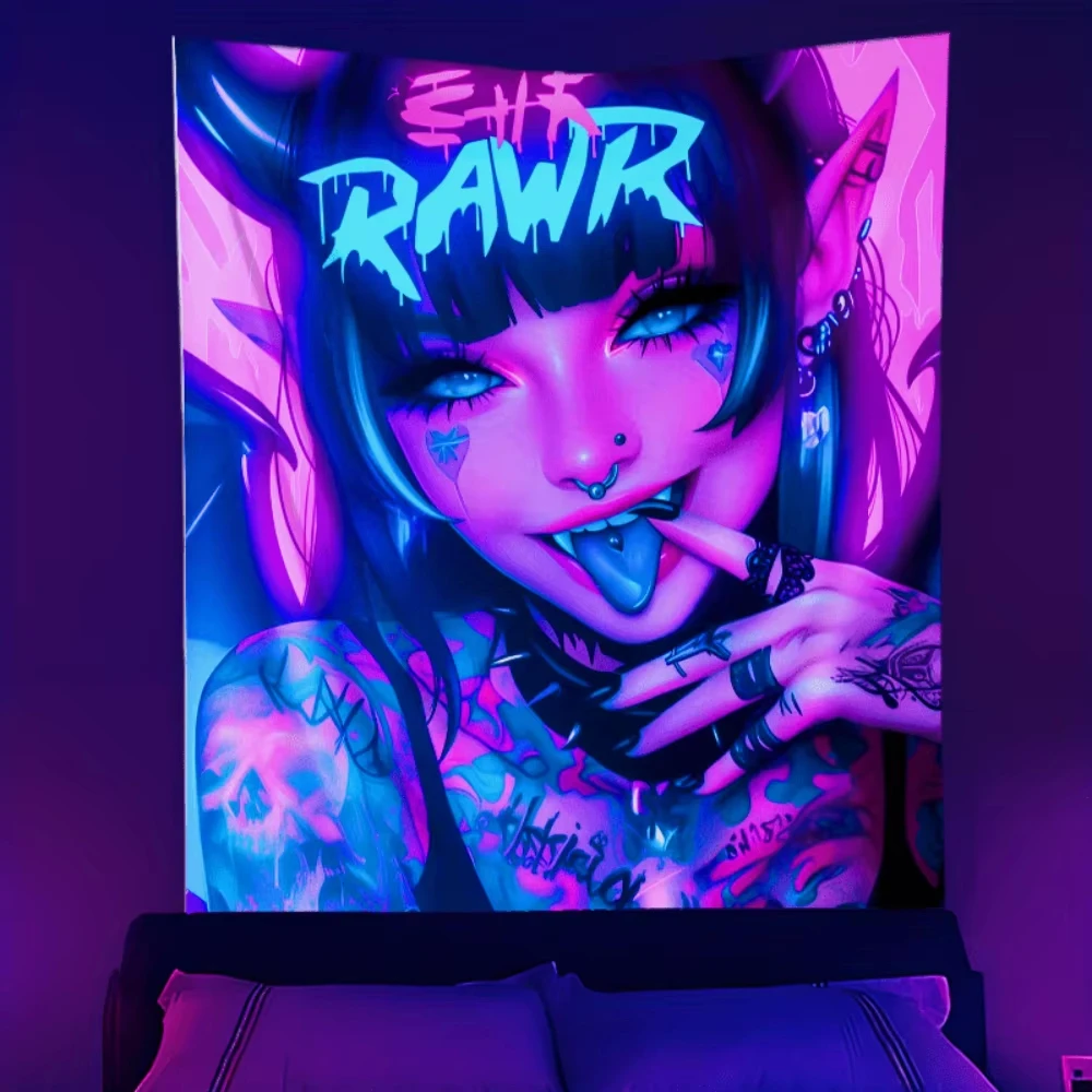 VIKEMA Dark Phantom Tapestry Graffiti Demon Girl Hip Cool Room Decoration Gaming Room Halloween Party Wall Decoration
