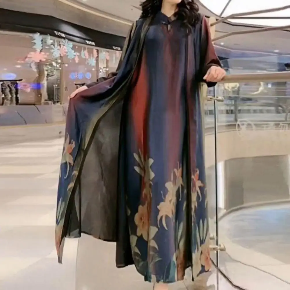 2024 Women Maxi Dress Cardigan Two-Piece Set Floral Printed Chinese Style Crew Neck Flowy Hem Long Dress Thin Coat Lady Outfit