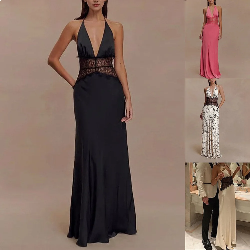 Elegant Deep V Silk Satin Maxi Dress, Summer Sexy Backless Ruched Bodycon Dresses, Sleeveless Party Gown