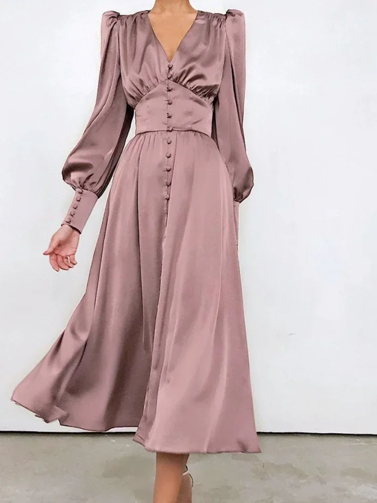 

BluWin Elegant Fashion Single Breasted Dress for Women Robe High Waist Satin Long Dress Sexy Lantern Sleeve Chic Midi Dresses