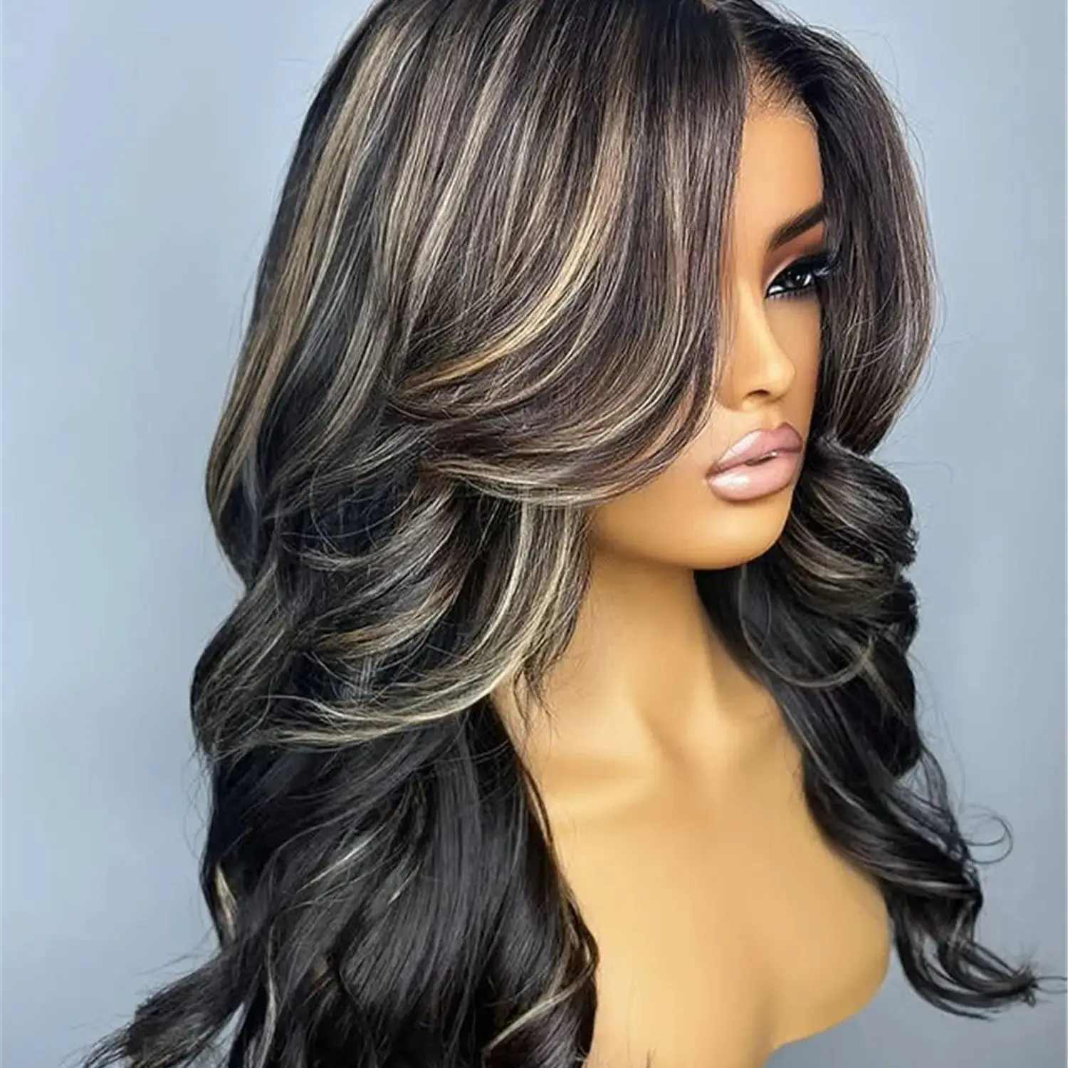 

Темные парики с блондинистыми прядями, с центральным пробором, балаяж, для вечеринок, повседневной носки, косплея, высококачественный синтетический парик с HD-кружевом 13*4