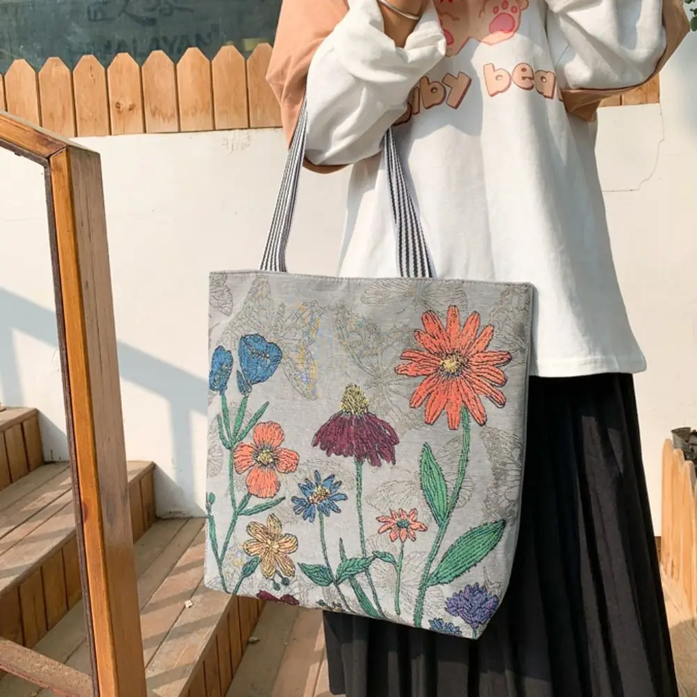 Retro Embroidery Canvas Tote Bag Cute Cartoon Butterfly Flower Shoulder Bag Ethnic Style Handbag Shopping Bag Mommy Bag