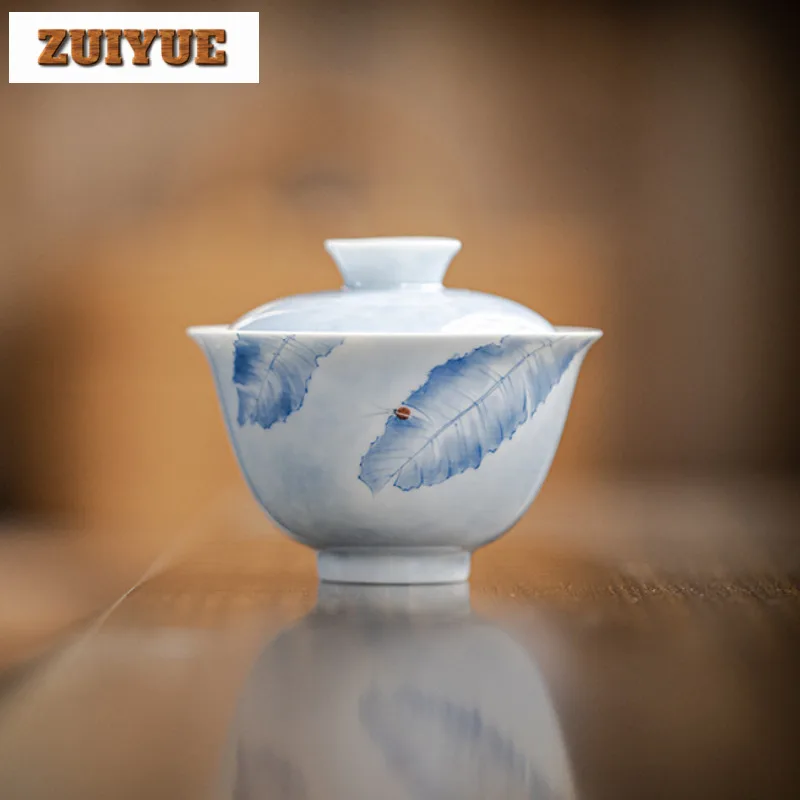 

100 мл Роскошная чашка Gaiwan с ручной росписью из бананового листа, блюдце, чайная чаша с крышкой, комплект чайника, крышка, миска, посуда для напитков, ремесло