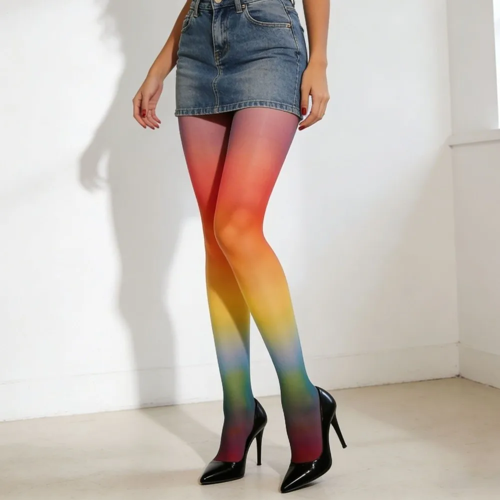 Seamless Rainbow Pantyhose Elastic Breathable Colorful Stripes Stockings Thin Leggings Gradient Color Tights Cosplay