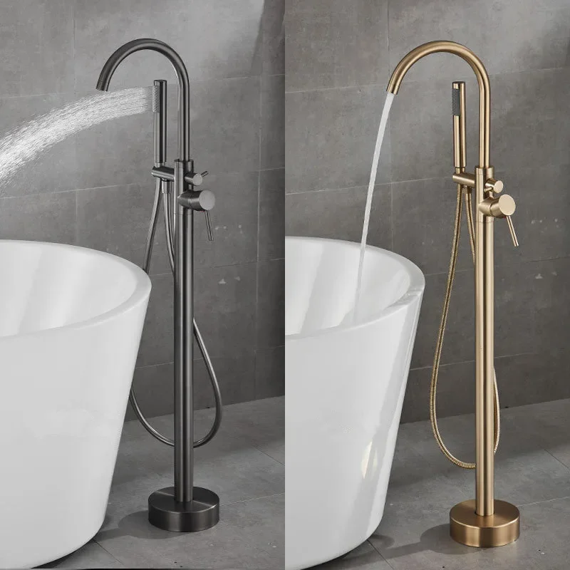 

Brushed Gold Bathroom Bathtub Faucet + Handheld Shower Free Standing Luxury Gray BathTub Mixer Taps Floor Mounted