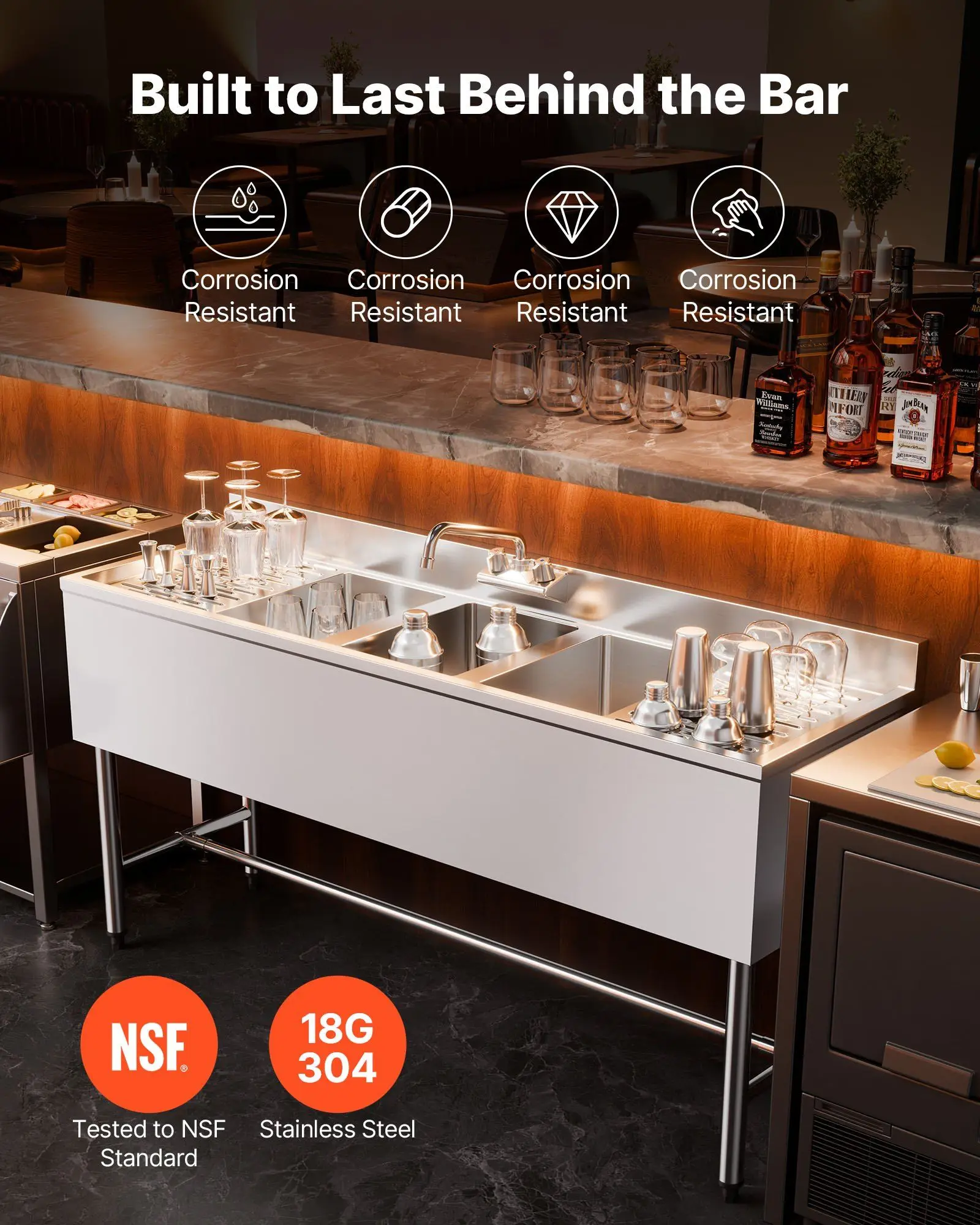 

3 Compartment Sink, 18-Gauge 304 Stainless Steel, 10" x 14" x 10" Bowl Size, 3 Bay Commercial Under Bar Sink with Double