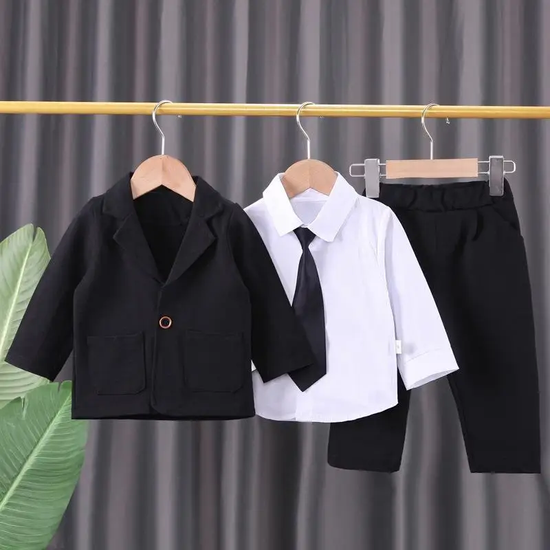 Baby Boy Toddler 3pcs Black Blazer Suit Set Shirt Necktie Pants Formal Wear Wedding Party Birthday Autumn Kids Gentleman Clothes