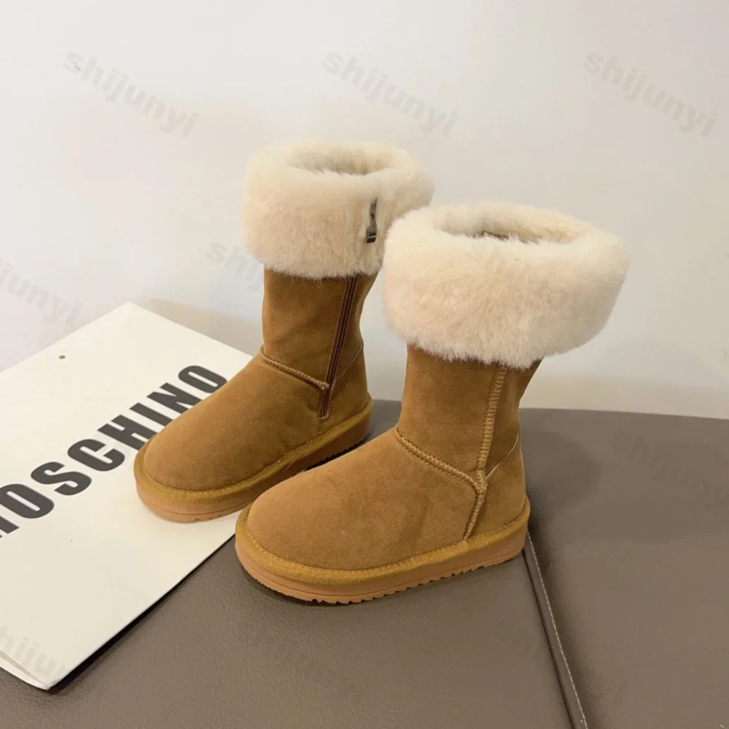 New 2024 Winter Children Keep Warm Short Plush Flat Suede Kids Platform Knee High Boots Boys Girls Outdoor Casual Cotton Shoes