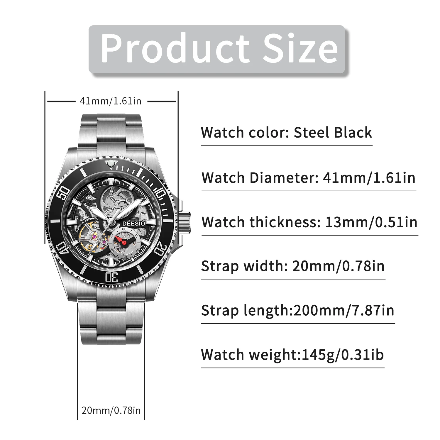 Deesio Orologio automatico da uomo nuovo Orologio da polso meccanico a carica automatica con cassa in acciaio inossidabile con cristallo di zaffiro resistente all'acqua