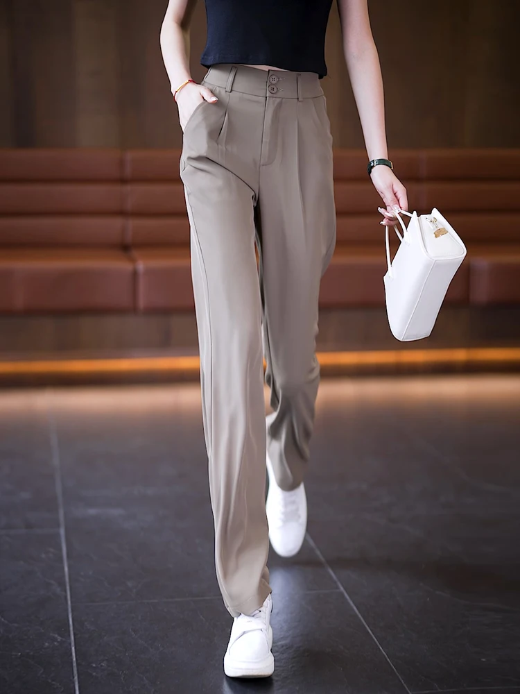 

Женские летние брюки с высокой талией и широкими штанинами, новые, из тонкого ледяного шелка, прямого кроя, свободные, повседневные, струящиеся, широкие брюки-костюмные штаны