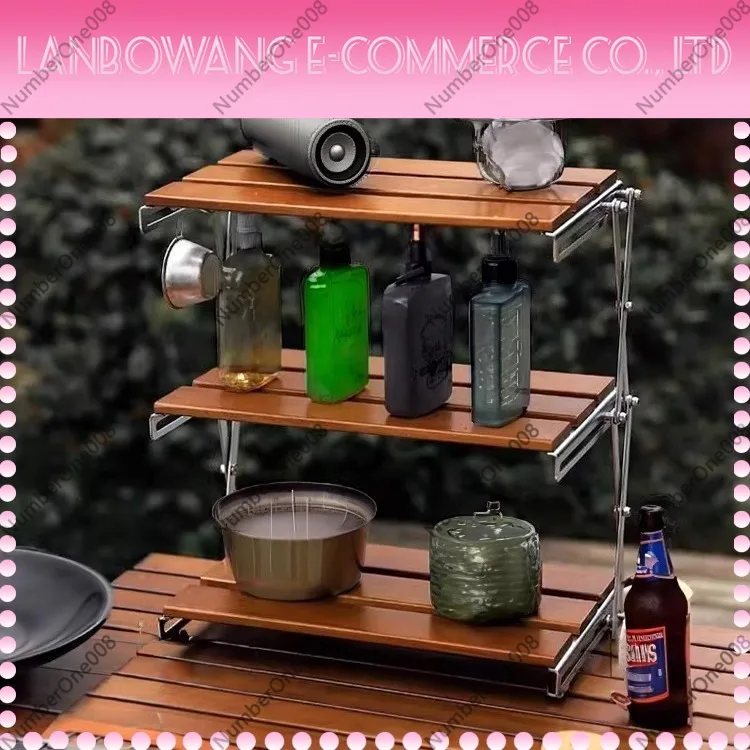 Wooden Folding Camping Shelf Multi Tier Storage Rack No Assembly for Outdoor Kitchen Home