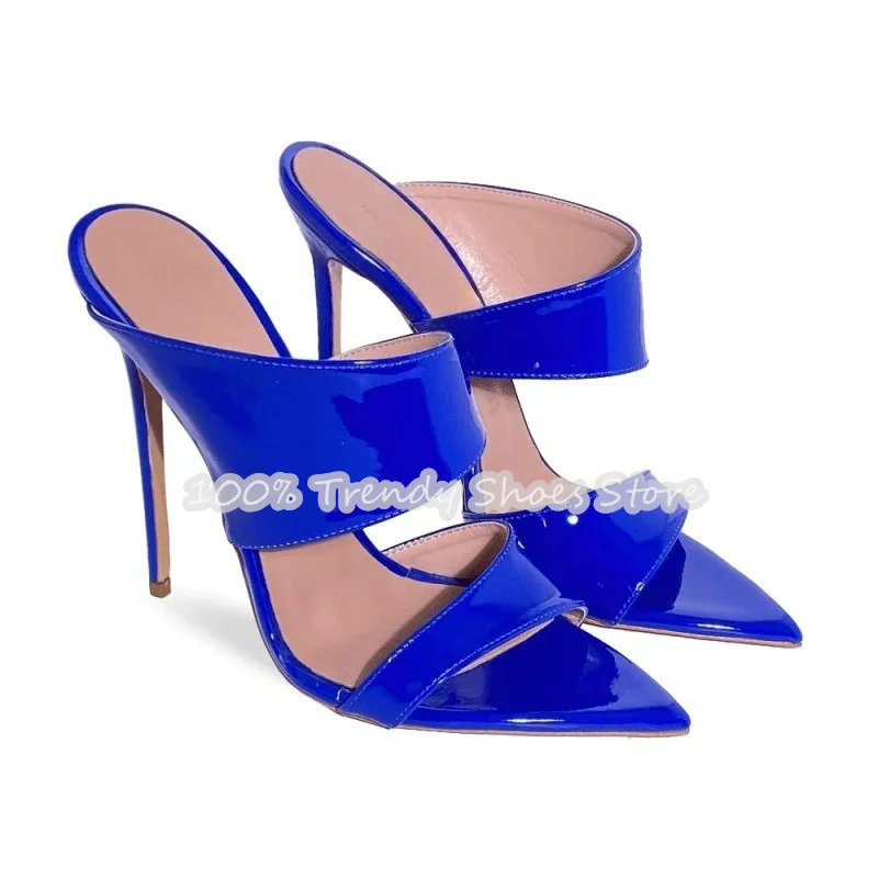 

Sexy Pointed Toe One-Strap Women High Heel Sandals Patent Leather Slip-On Mules Summer Catwalk Gladiator Ladies Dress Shoes