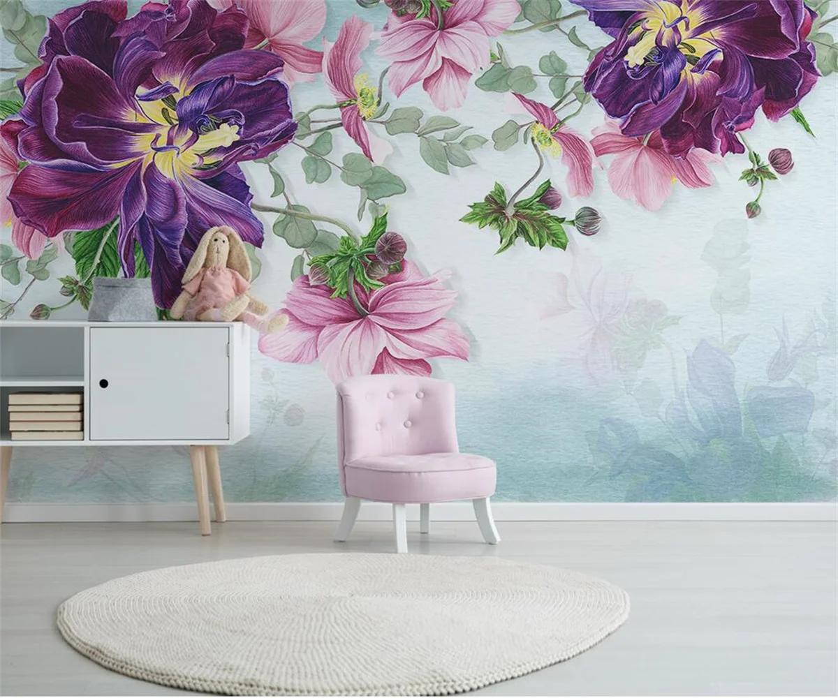 Custom flower wallpaper Nordic pink plant leaves flower children's room background wall 3d wallpaper papier peint