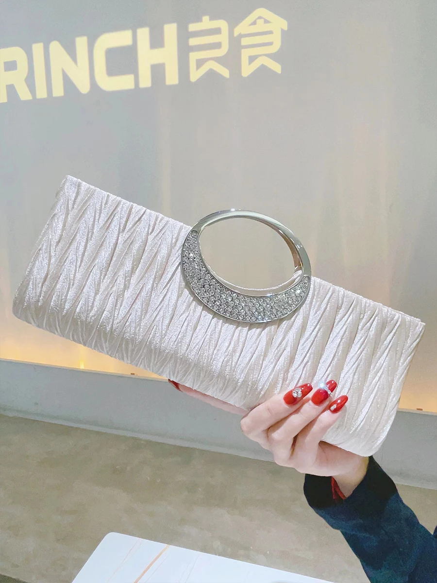 Satin Rhinestone Evening Clutch For Women Fashion Chain Handle Purse Pleated Handbags Wedding Cocktail Party Bag Champagne