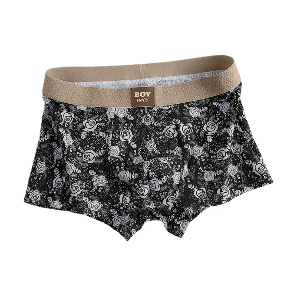

L-3XL Plus Size Men's Boxer Briefs Seamless Mid Waist Printed Panties Lingerie Retro Rose Flower Underwear for Man Gifts