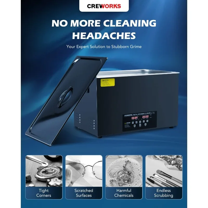 CREWORKS 30L Digital Ultrasonic Cleaning Machine with Degas and Gentle Mode, 600W Ultrasonic Cleaner Machine
