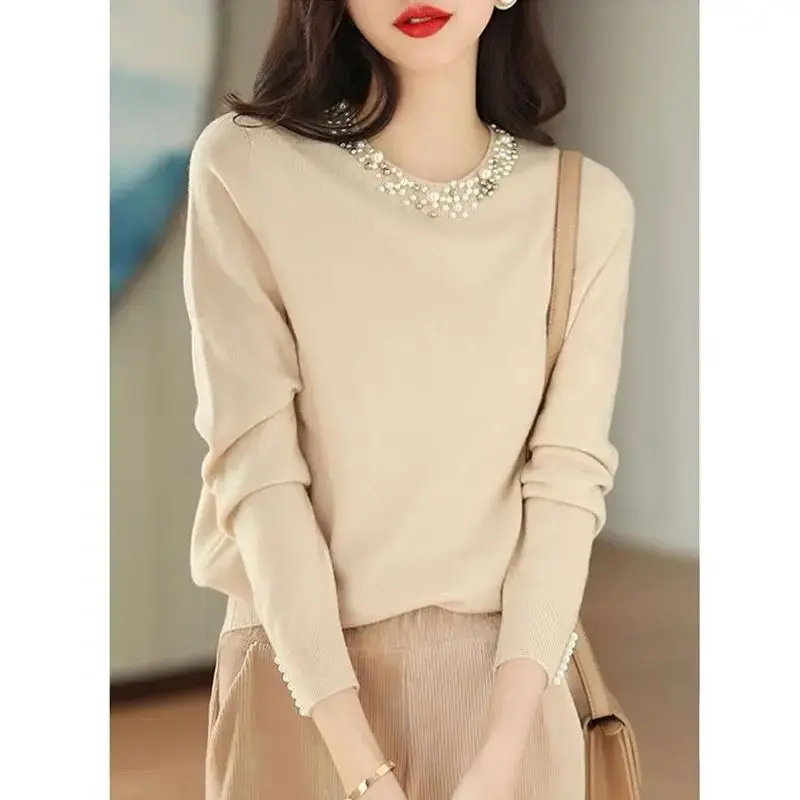 Women Autumn Winter Elegant Temperament Loose Diamonds O-neck Long Sleeve Knitwear Ladies All-match Knitting Bottoming Shirt