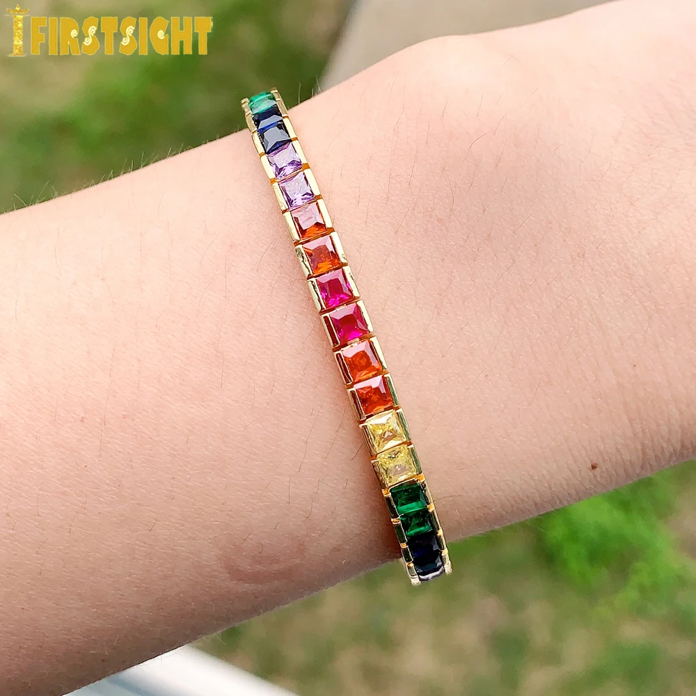 New Shiny Cz Fine Bracelet Rainbow Colorful Square Cz Tennis Chain Gorgeous Trendy Full Cubic Zirconia Bangle Fashion Jewelry
