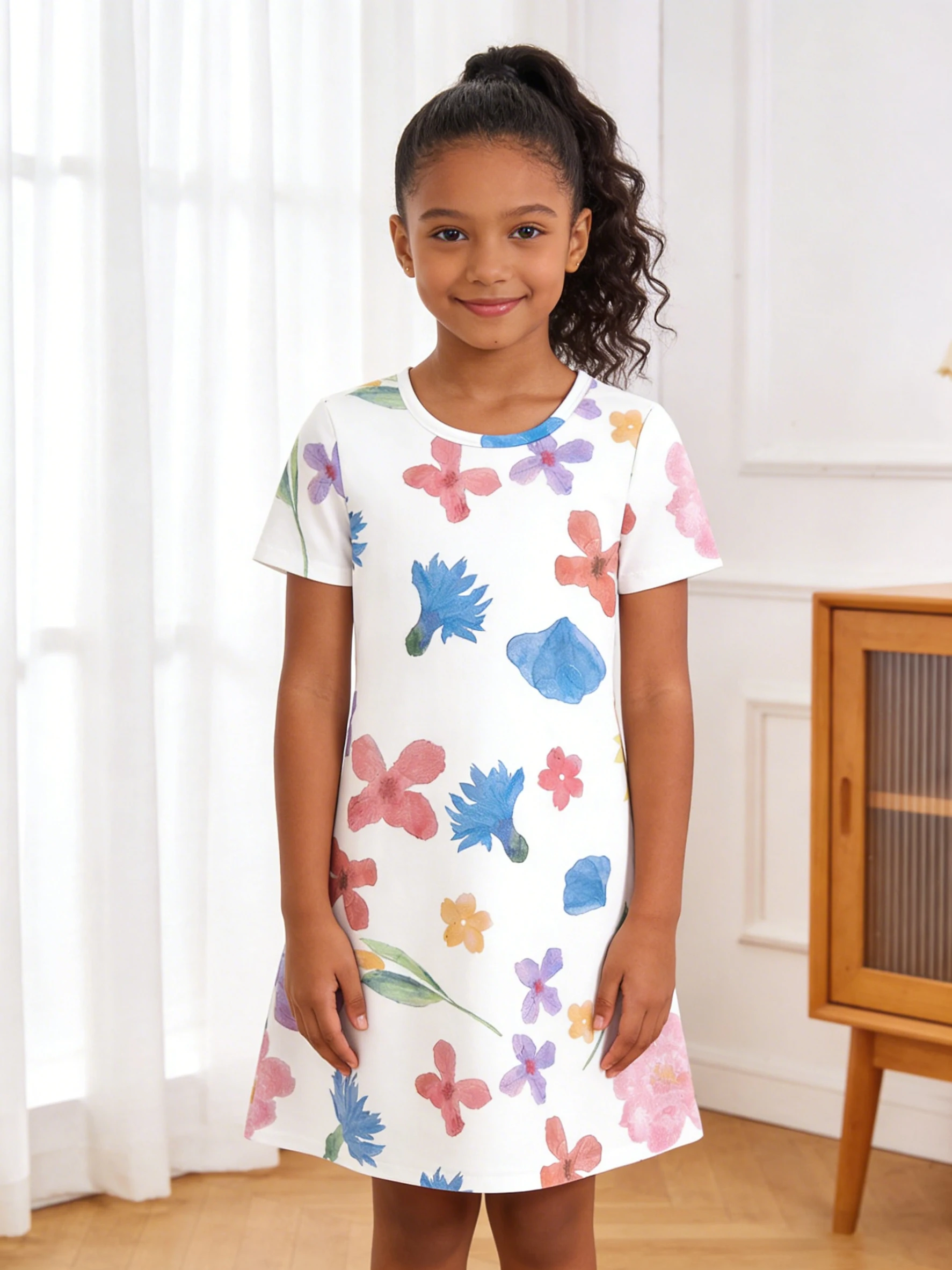 

2026 Girls' Watercolor Style Colorful Flower Print Short Sleeve Dress on White Background